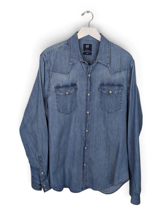 GAP Tops - GAP DENIM Pearl Snap New Western Style Slim Fit Denim Shirt Authentic Indigo - L